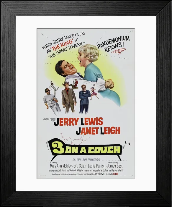 Framed Print : 3 ON A COUCH, (aka THREE ON A COUCH), US poster, from left: Jerry Lewis, Janet Leigh, 1966