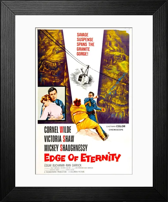 Framed Print : EDGE OF ETERNITY, US poster, from left: Victoria Shaw, Cornel Wilde, 1959 Framed Print : EDGE OF ETERNITY, US poster, from left: Victoria Shaw, Cornel Wilde, 1959