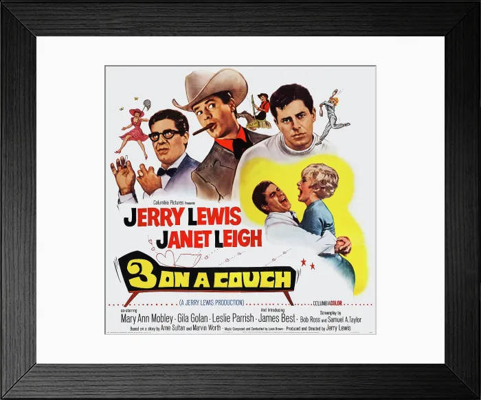Framed Print : 3 ON A COUCH, (aka THREE ON A COUCH), US poster art, from left: Jerry Lewis, Janet Leigh, 1966 Framed Print : 3 ON A COUCH, (aka THREE ON A COUCH), US poster art, from left: Jerry Lewis, Janet Leigh, 1966