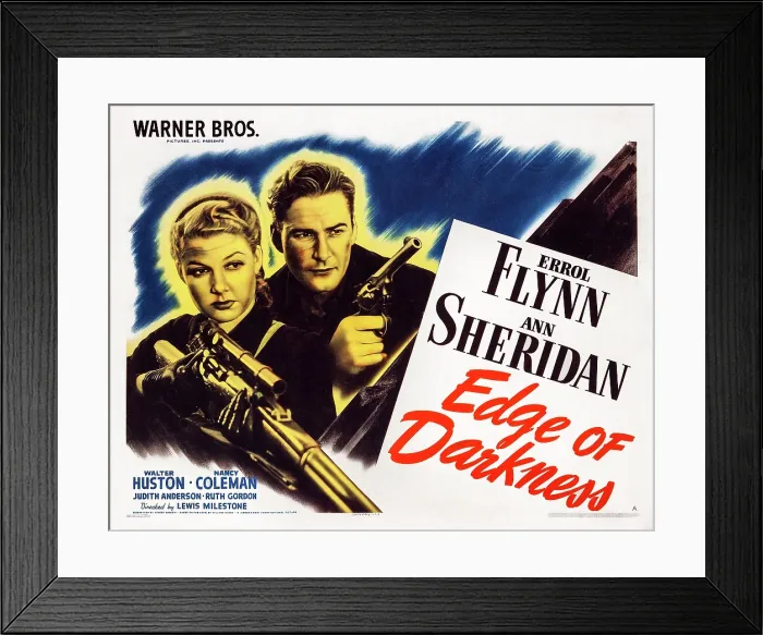 Framed Print : EDGE OF DARKNESS, US poster art, from left: Ann Sheridan, Errol Flynn, 1943