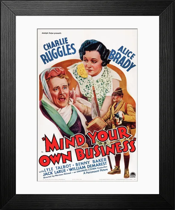 Framed Print : MIND YOUR OWN BUSINESS, US poster art, left and right: Charles Ruggles; center: Alice Brady, 1936