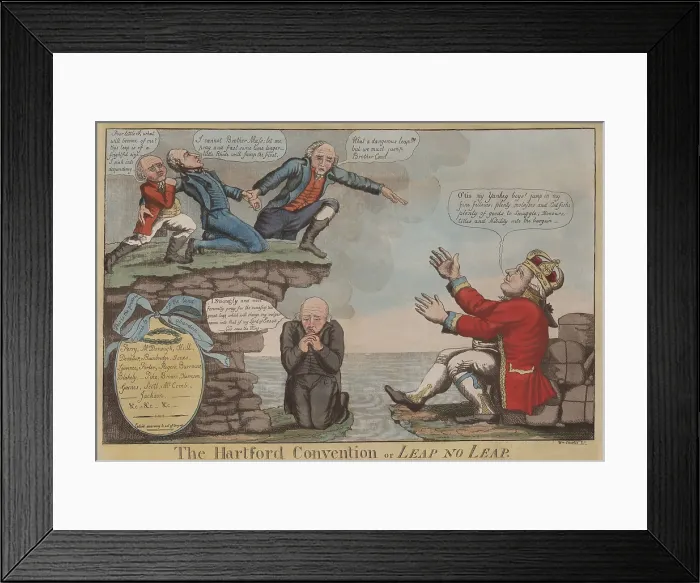 Framed Print : American political cartoon, shows three New England states about to jump into the welcoming arms of King George III