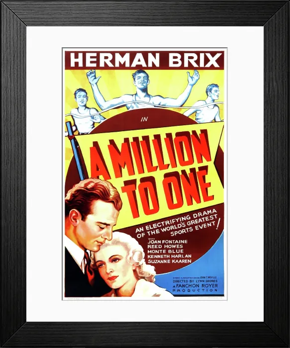Framed Print : A MILLION TO ONE, US poster art, top center: Bruce Bennett (aka Herman Brix); bottom from left: Bruce Bennett, Joan Fontaine, 1937 Framed Print : A MILLION TO ONE, US poster art, top center: Bruce Bennett (aka Herman Brix); bottom from left: Bruce Bennett, Joan Fontaine, 1937