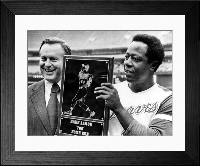 Framed Print : Atlanta Braves president William Bartholomay presents Hank Aaron with the plaque honoring his 700th home run, 1973. Courtesy: CSU Archives  /  Everett Collection