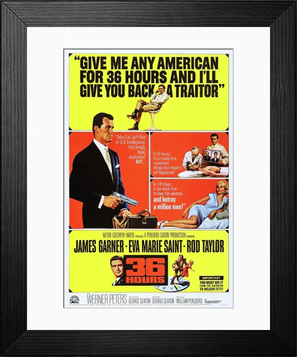 Framed Print : 36 HOURS, US poster art, Rod Taylor, (top), James Garner, (left), Eva Marie Saint, (right), 1965