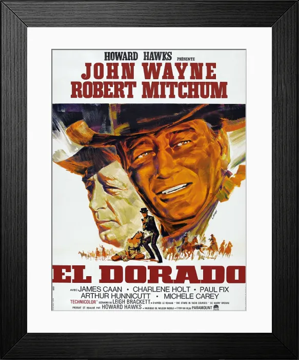 Framed Print : EL DORADO, l-r: Robert Mitchum, John Wayne on French poster art, 1966