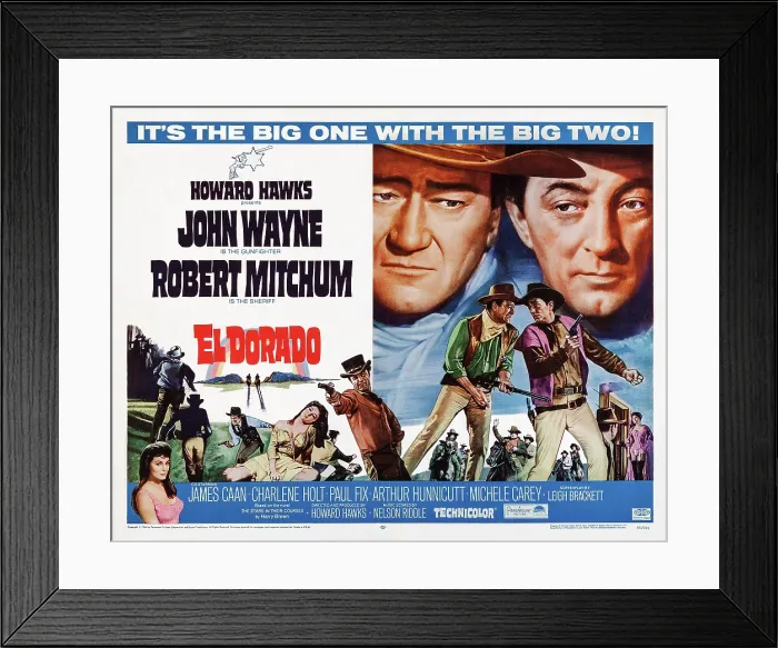 Framed Print : EL DORADO, top and center l-r: John Wayne, Robert Mitchum, bottom center: James Caan on poster art, 1966