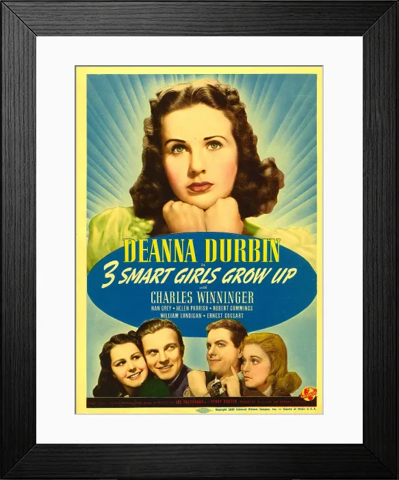 Framed Print : THREE SMART GIRLS GROW UP, top: Deanna Durbin, bottom from left: Helen Parrish, William Lundigan, Robert Cummings, Nan Grey on midget window card, 1939