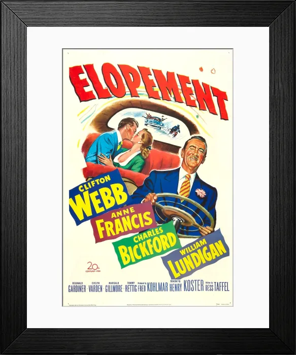 Framed Print : ELOPEMENT, US poster, from left: William Lundigan, Anne Francis, Clifton Webb, 1951. TM and copyright 20th Century Fox Film Corp. All rights reserved / courtesy Everett Collection Framed Print : ELOPEMENT, US poster, from left: William Lundigan, Anne Francis, Clifton Webb, 1951. TM and copyright 20th Century Fox Film Corp. All rights reserved / courtesy Everett Collection