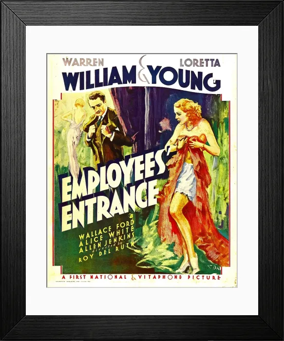 Framed Print : EMPLOYEES ENTRANCE, from left: Warren William, Loretta Young on window card, 1933