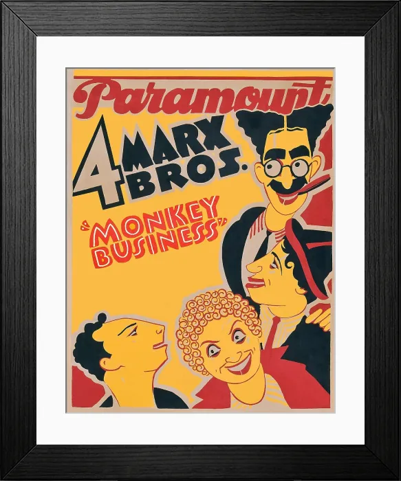 Framed Print : MONKEY BUSINESS, The Marx Brothers-from bottom left: Zepoo Marx, Harpo Marx, Chico Marx, Groucho Marx on jumbo window card, 1931 Framed Print : MONKEY BUSINESS, The Marx Brothers-from bottom left: Zepoo Marx, Harpo Marx, Chico Marx, Groucho Marx on jumbo window card, 1931