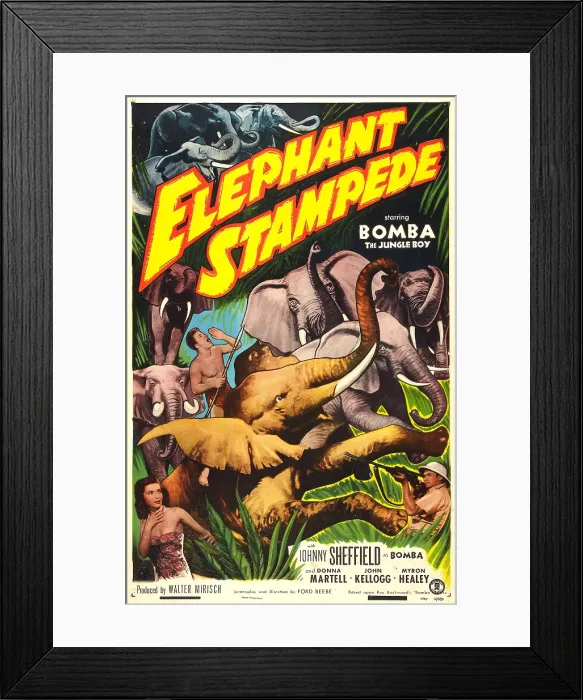 Framed Print : ELEPHANT STAMPEDE, (aka BOMBA AND THE ELEPHANT STAMPEDE), US poster, Johnny Sheffield (riding elephant), Donna Martell (bottom left), John Kellogg (bottom right), 1951 Framed Print : ELEPHANT STAMPEDE, (aka BOMBA AND THE ELEPHANT STAMPEDE), US poster, Johnny Sheffield (riding elephant), Donna Martell (bottom left), John Kellogg (bottom right), 1951