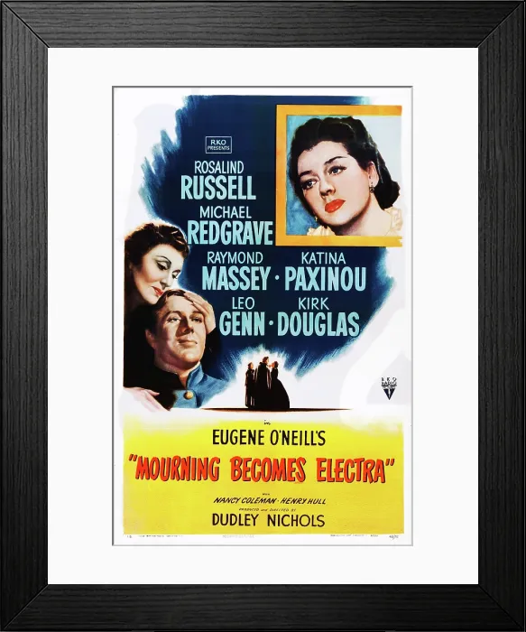 Framed Print : MOURNING BECOMES ELECTRA, top: Rosalind Russell, bottom l-r: Rosalind Russell, Michael Redgrave on poster art, 1947