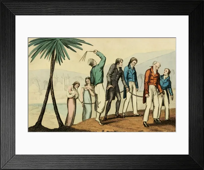 Framed Print : Christian slaves in chains, as captives of a North African man, who holds his whip high, ready to strike