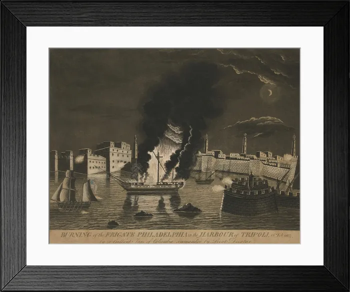 Framed Print : During the First Barbary War, on Oct. 31, 1803, the frigate USS Philadelphia ran aground on a reef two miles off Tripoli Harbor, while chasing a pirate ship