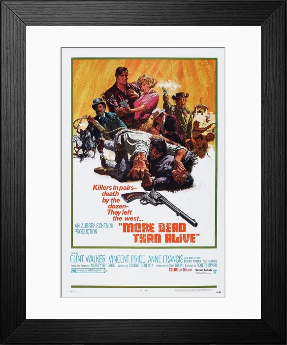 Framed Print : MORE DEAD THAN ALIVE, rear l-r: Vincent Price, Clint Walker, Anne Francis on poster art, 1969 Framed Print : MORE DEAD THAN ALIVE, rear l-r: Vincent Price, Clint Walker, Anne Francis on poster art, 1969