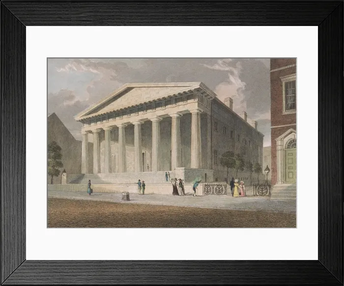 Framed Print : Second Bank of the United States, Philadelphia, depicted in a 1830-31 hand-colored engraving. The Greek Revival building was designed by William Strickland