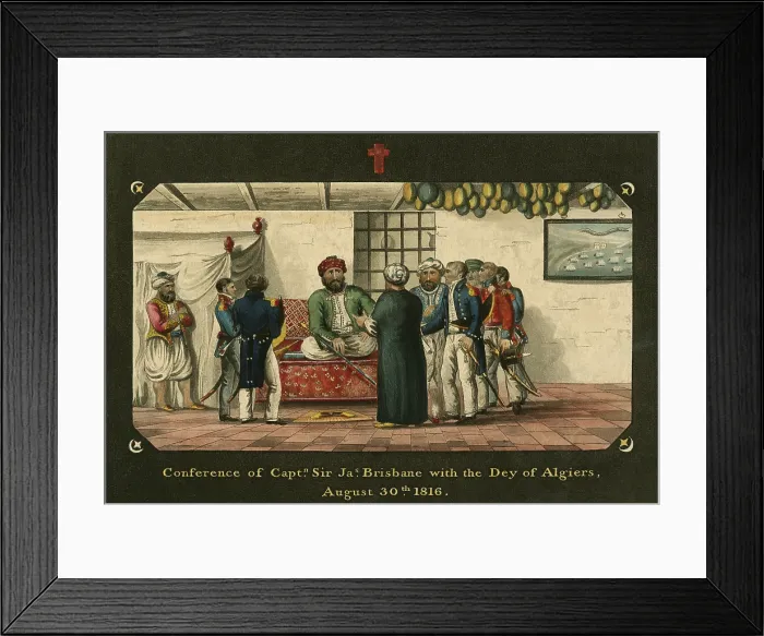 Framed Print : Admiral Lord Exmouth's Flag Captain, Sir James Brisbane, in conference with the Dey of Algiers, August 30, 1816 Framed Print : Admiral Lord Exmouth's Flag Captain, Sir James Brisbane, in conference with the Dey of Algiers, August 30, 1816