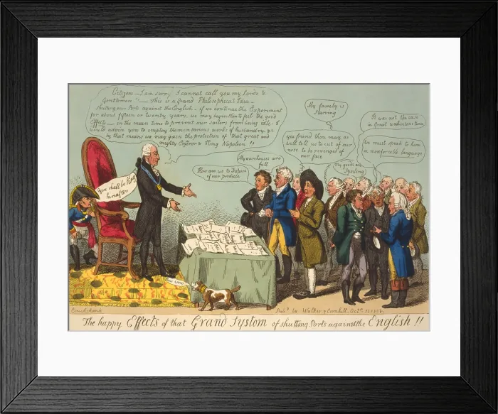 Framed Print : 1808 British political cartoon ridiculing the Embargo Act of 1807