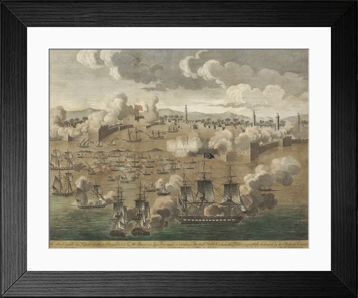 Framed Print : Attack made on Tripoli on August 3, 1804, by the American squadron under Commodore Edward Preble. Ships noted in lower margin: 1. USS Constitution Frigate, 2. Sirion ( Syren) 3 Framed Print : Attack made on Tripoli on August 3, 1804, by the American squadron under Commodore Edward Preble. Ships noted in lower margin: 1. USS Constitution Frigate, 2. Sirion ( Syren) 3