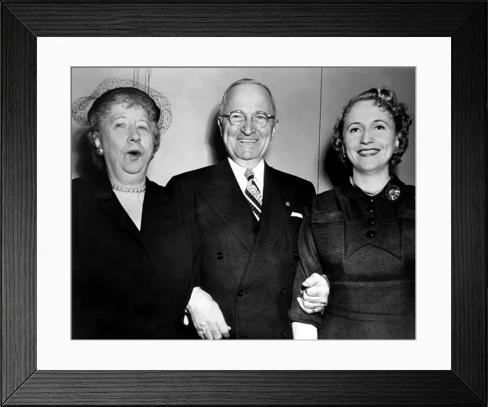 Framed Print : Former U.S. President Harry Truman (center), with wife Bess Truman (far left), and daughter Margaret Truman (far right), c. 1950s.. Courtesy: CSU Archives  /  Everett Collection