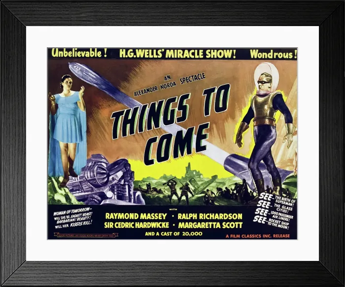 Framed Print : THINGS TO COME, from left on 1947 rerelease poster art: Margaretta Scott, Raymond Massey, 1936