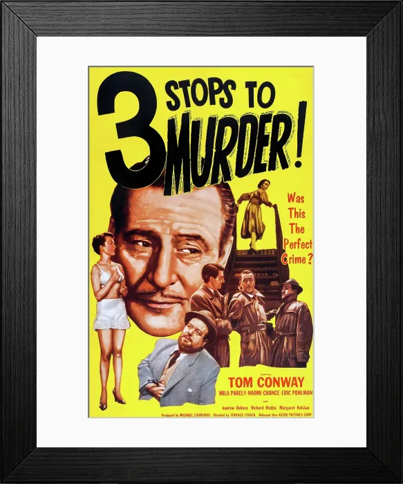Framed Print : THREE STOPS TO MURDER, (aka BLOOD ORANGE), Tom Conway (center), Eric Pohlmann (fourth from right) on poster art, 1953