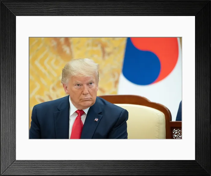 Framed Print : President Donald Trump in a press conference with South Korean President Moon Jae-in (not shown). June 30, 2019, Seoul, South Korea (BSLOC_2019_6_229)