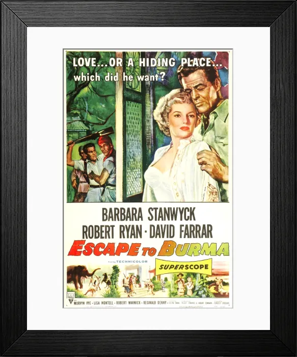 Framed Print : ESCAPE TO BURMA, US poster, from left: Barbara Stanwyck, Robert Ryan, 1955 Framed Print : ESCAPE TO BURMA, US poster, from left: Barbara Stanwyck, Robert Ryan, 1955