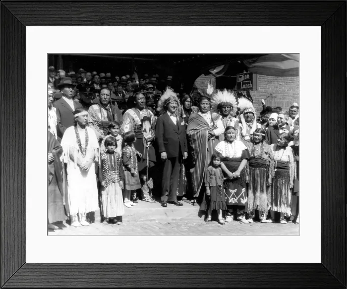 Framed Print : New York Governor Alfred E. Smith (center), is welcomed by the Omaha Indians as he arrived to open his western campaign for the Presidency, Omaha, Nebraska, December 7, 1928