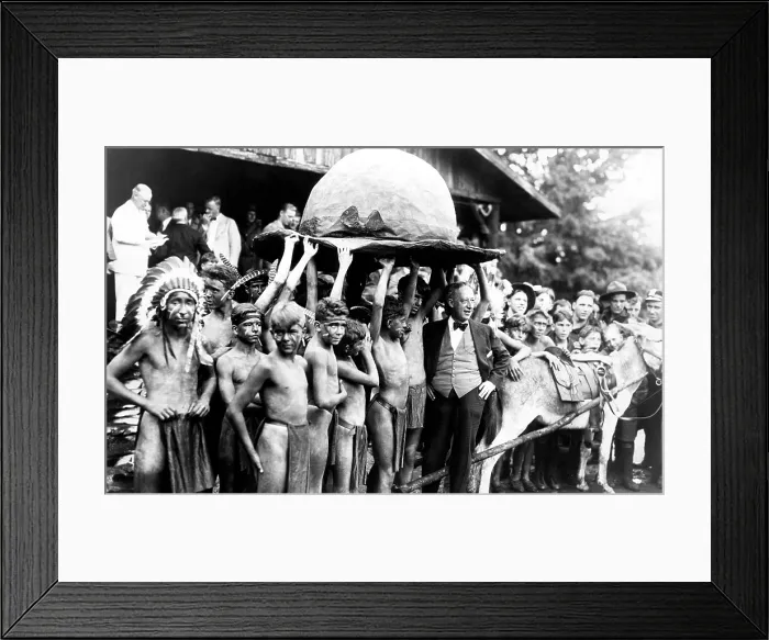 Framed Print : New York Governor Alfred E. Smith (right of center). While visiting New York Boy Scouts, Smith is presented with a giant brown derby, Bear Mountain New York, July 18, 1928