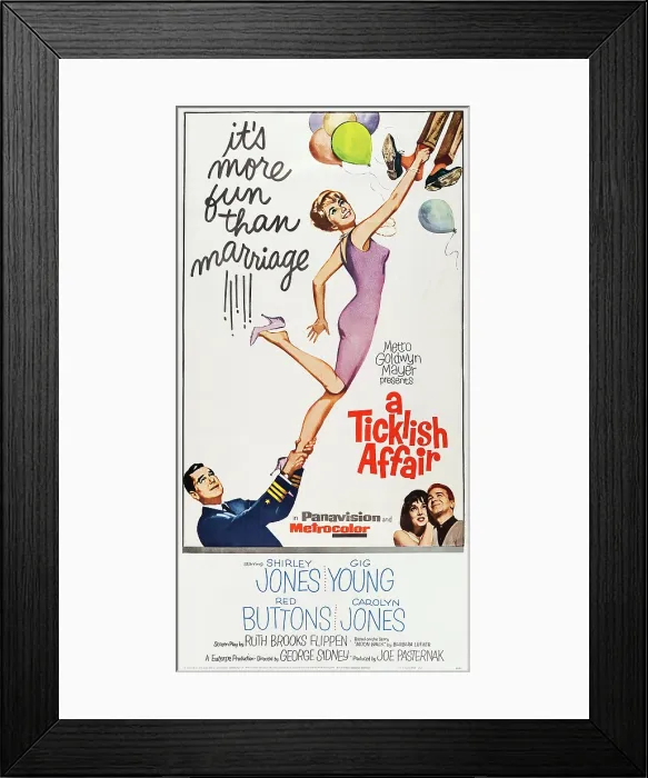 Framed Print : A TICKLISH AFFAIR, US poster, from left: gig Young, Shirley Jones, Carolyn Jones, Red Buttons, 1963 Framed Print : A TICKLISH AFFAIR, US poster, from left: gig Young, Shirley Jones, Carolyn Jones, Red Buttons, 1963
