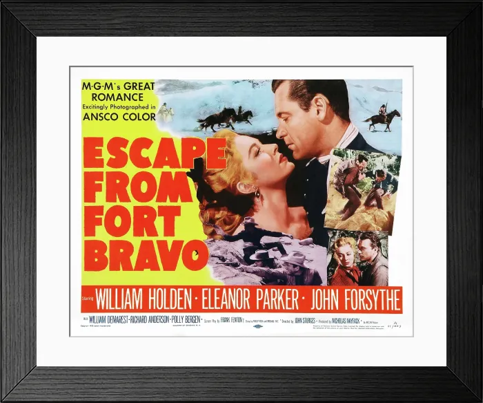 Framed Print : ESCAPE FROM FORT BRAVO, US poster art, top from left: Eleanor Parker, William Holden; bottom right inset: Eleanor Parker, John Forsythe, 1953 Framed Print : ESCAPE FROM FORT BRAVO, US poster art, top from left: Eleanor Parker, William Holden; bottom right inset: Eleanor Parker, John Forsythe, 1953