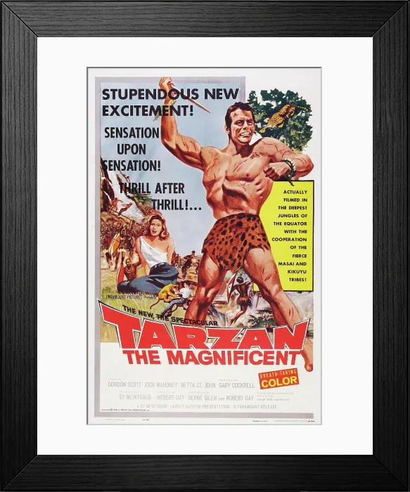 Framed Print : TARZAN THE MAGNIFICENT, US poster art, from back left: Betta St. John, Gordon Scott, 1960