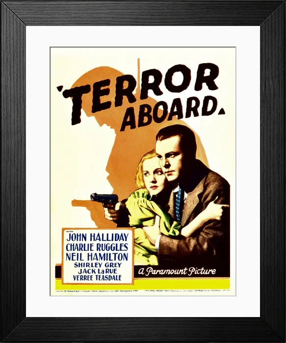 Framed Print : TERROR ABOARD, from left: Shirley Grey, Neil Hamilton, on midget window card, 1933 Framed Print : TERROR ABOARD, from left: Shirley Grey, Neil Hamilton, on midget window card, 1933