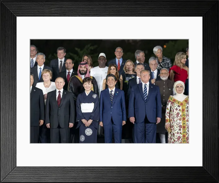 Framed Print : G20 leaders and some of their spouses pose for a group photo during the Cultural Program at the Osaka Geihinkan, June 28, 2019 (BSLOC_2019_6_225) Framed Print : G20 leaders and some of their spouses pose for a group photo during the Cultural Program at the Osaka Geihinkan, June 28, 2019 (BSLOC_2019_6_225)