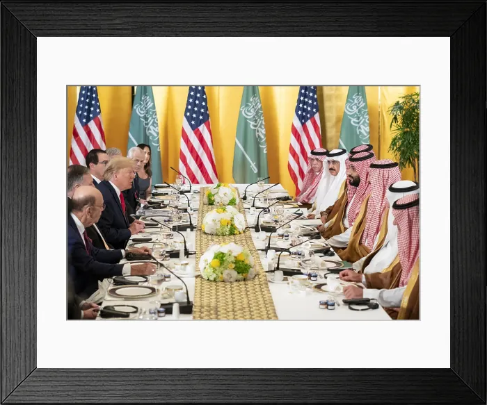 Framed Print : President Donald Trump and his staff attend working breakfast with the Crown Prince of the Kingdom of Saudi Arabia, Mohammed bin Salman, June 29, 2019, in Osaka Framed Print : President Donald Trump and his staff attend working breakfast with the Crown Prince of the Kingdom of Saudi Arabia, Mohammed bin Salman, June 29, 2019, in Osaka