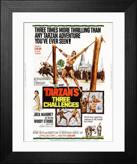 Framed Print : TARZAN'S THREE CHALLENGES, US poster art, Jock Mahoney, 1963 Framed Print : TARZAN'S THREE CHALLENGES, US poster art, Jock Mahoney, 1963