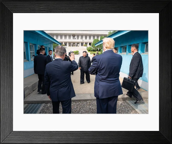 Framed Print : President Donald J. Trump and Republic of South Korea President Moon Jae-in bid farewell to Chairman of the Workers Party Kim Jong Un Korea, June 30, 2019 Framed Print : President Donald J. Trump and Republic of South Korea President Moon Jae-in bid farewell to Chairman of the Workers Party Kim Jong Un Korea, June 30, 2019