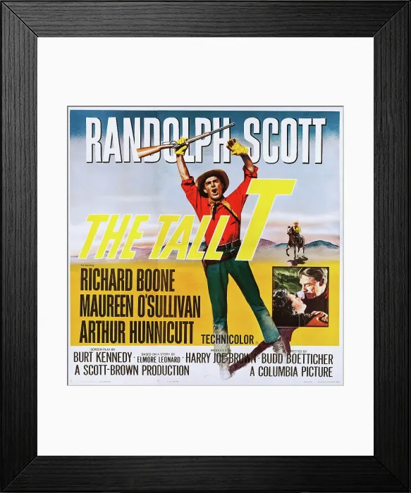 Framed Print : THE TALL T, Randolph Scott, inset: Maureen O'Sullivan, Randolph Scott on poster art, 1957