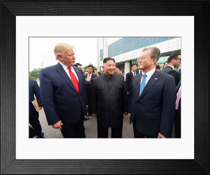 Framed Print : Chairman Kim Jong Un and President Donald Trump are joined by South Korean President, Moon Jae-in