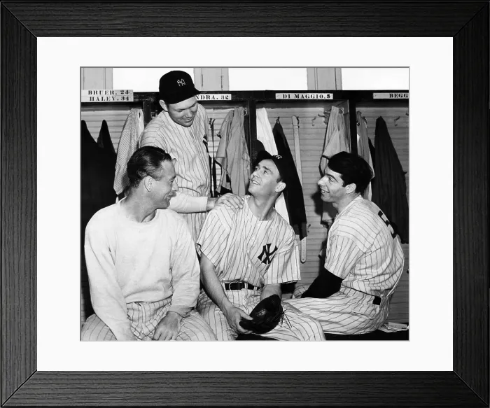 Framed Print : Lou Gehrig, Joe Gordon, Joe DiMaggio and Bill Dickey (standing) in the Yankee's locker room, 1939. Courtesy: CSU Archives / Everett Collection