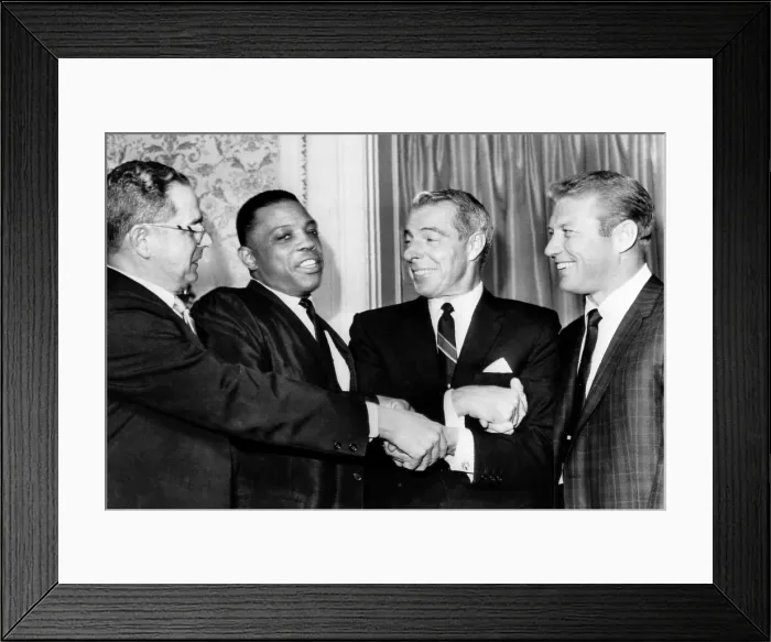 Framed Print : Dominic DiMaggio, Willie Mays, Joe DiMaggio and Mickey Mantle celebrate Joe's 50th birthday, San Francisco, 1964. Courtesy: CSU Archives / Everett Collection
