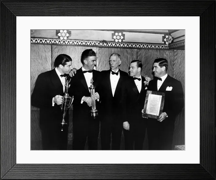 Framed Print : Joe DiMaggio, Carl Hubbell, Connie Mack, Al Horowitz and Mickey Cochrane at the annual Philadelphia Sporting Writers Association dinner, 1938