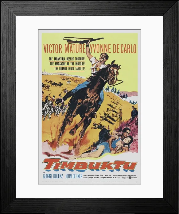 Framed Print : TIMBUKTU, l-r: Victor Mature, Yvonne De Carlo on poster art, 1959
