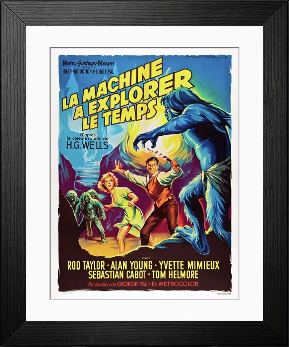 Framed Print : THE TIME MACHINE, (aka LA MACHINE A EXPLORER LE TEMPS), l-r: Yvette Mimieux, Rod Taylor on French poster art, 1960