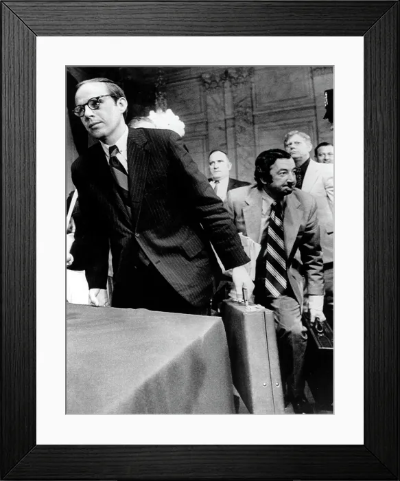 Framed Print : John W. Dean III (left), Robert McCandless (3rd from left), leaving after Dean's testomony before the Senate Watergate Committee, June 29, 1973