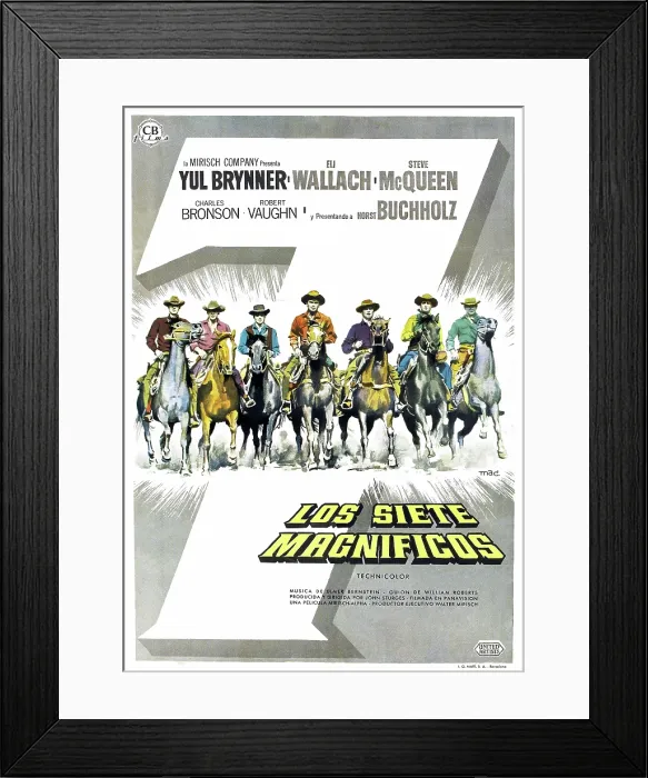 Framed Print : THE MAGNIFICENT SEVEN, poster, from left: Steve McQueen, James Coburn, Horst Buchholz, Yul Brynner, Brad Dexter, Robert Vaughn, Charles Bronson, 1960