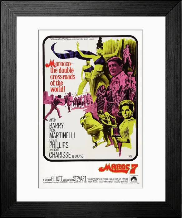 Framed Print : MAROC 7, US poster art, top, bare midrift: Elsa Martinelli; top right: Gene Barry; right with gun: Cyd Charisse, 1967