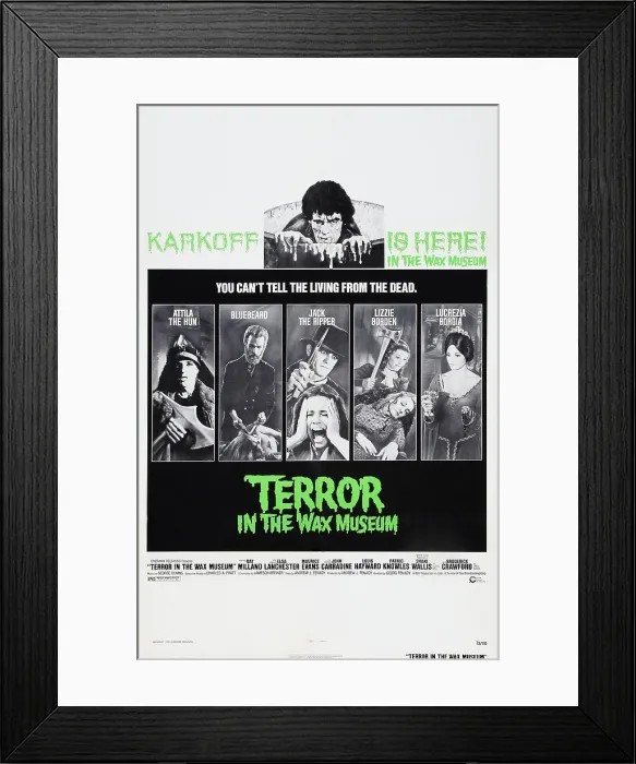 Framed Print : TERROR IN THE WAX MUSEUM, top: Boris Karloff, bottom l-r: Ben Brown, George Farina, Don Herbert, Judy Wetmore, Rosa Huerta on poster art, 1973